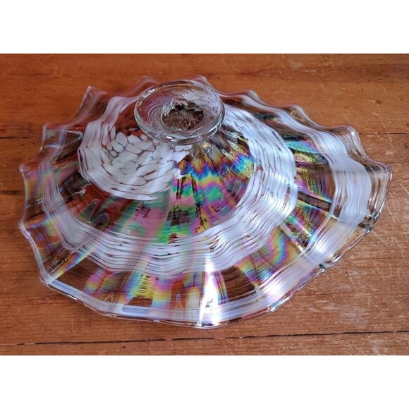 Handmade Blown Art Glass Bowl Ribbon Swirl Ripple Edge Brown Pearlescent Euc - Picture 9 of 10